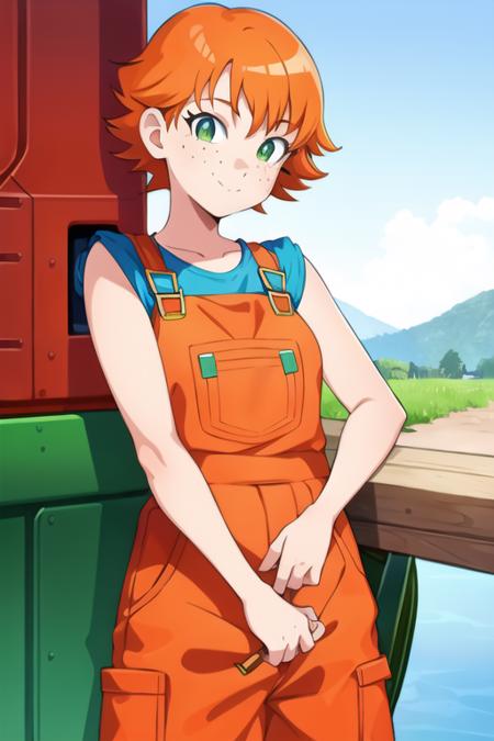 1girl, sxfrances, short hair, orange hair, green eyes, freckles, red overalls, blue_shirt, roll up sleeve, smile, solo, looking at viewer <lora:frances-v2:0.6>