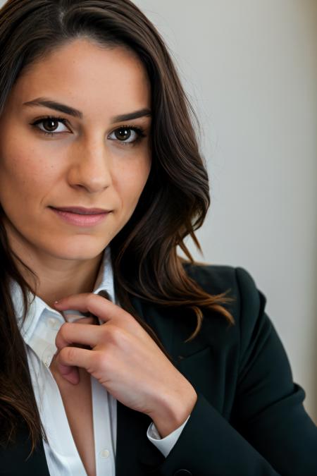 RAW photo of rileemarks, Focused and dedicated in a Blazer and tailored blazer at a high-powered meeting, closeup portrait, (high detailed skin:1.2), 8k uhd, dslr, soft lighting, high quality, film grain, Fujifilm XT3, <lora:rileemarks-000017:1>