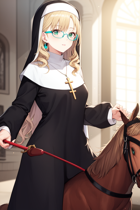 nun, mature female, light blonde hair, hair bun, curly hair, bright green eyes, round eyewear, teal earring, pendant, collar, riding crop