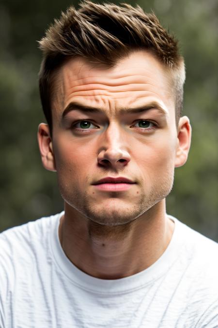 portrait of a guy, masculine, realistic, upper_body, face focus, blurry background, white shirt 1man, TaronEgerton, <lora:Taronegerton:0.7>, simple background, studio background, (masterpiece, best quality:1.5), (masterpiece,best quality:1.5)