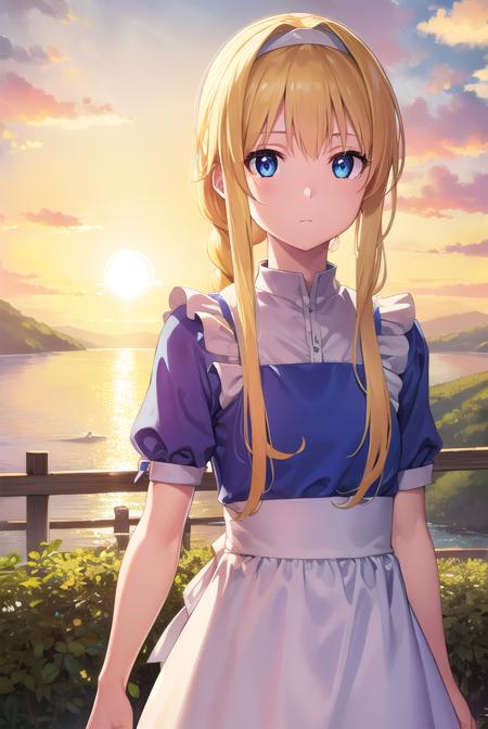 alicezuberg, <lora:alicezuberg-lora-nochekaiser:1>, 
alice zuberg, bangs, blue eyes, blonde hair, hair between eyes, very long hair, braid, hairband, white hairband,
BREAK dress, bow, ribbon, short sleeves, frills, apron, puffy short sleeves, blue dress, brown footwear, knee boots, white bow, white apron, frilled apron,
BREAK outside, forest, nature, sun, sky,
BREAK looking at viewer, (cowboy shot:1.5),
BREAK <lyco:GoodHands-beta2:1>, (masterpiece:1.2), best quality, high resolution, unity 8k wallpaper, (illustration:0.8), (beautiful detailed eyes:1.6), extremely detailed face, perfect lighting, extremely detailed CG, (perfect hands, perfect anatomy),