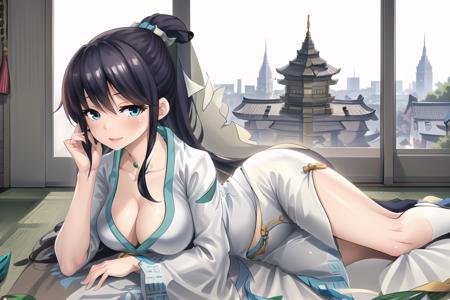 1girl, japanese clothes, ponytail, long sleeves,obi, cleavage, 