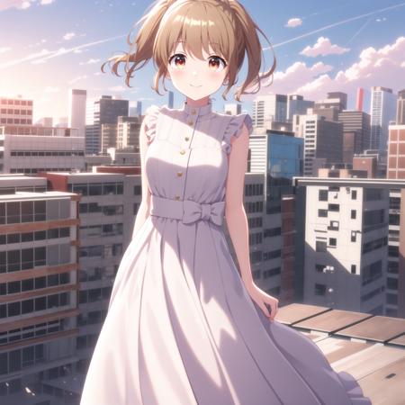 (high quality, best quality, masterpiece), 1girl, solo, kawasaki sakura, plain white gown, <lyco:sakura-000008:0.75>, smile, blush, arms_behind_back, rooftop, cityscape, sunset, hdr, <lyco:GoodHands-beta2:0.75>, 4k, 8k, absurdres, detailed, absurdres, sharp