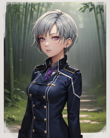 best quality, (masterpiece:1.2), illustration, absurdres,
(1girl, solo), (beautiful detailed girl),
<lora:Valerie-08:0.8>, Valerie, grey hair, purple eyes, purple ear studs,
 blue military uniform, long sleeves, purple neckwear, black thighhighs, garter straps, boots, 
in bamboo forest, chinese architecture, stream,,
on side,
(upper body, portrait),,
gloomy, looking at viewer