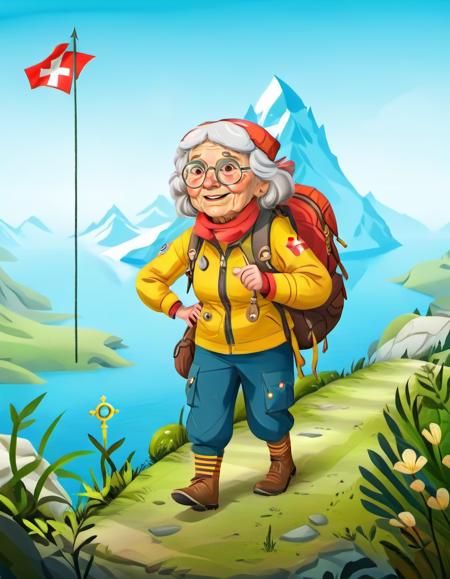 a Swiss elder woman Explorer, adventurous, compass, uncharted, discover, curiosity, pioneering, intrepid, world traveler, quest.,, sharp focus, detailed <lora:MODILL_XL_0.27_RC:1>