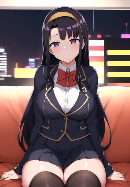 地点：(Night:1.7), Cyberpunk_CityView, Before Window,
动作：sitting at attention,sitting on couch,
服饰：school_uniform,Blue_jacket,red_bowtie, pleated_skirt,thighhighs,black legwear,
角色：<lora:AkinoSakagami_Seishidou-V1:0.8>,<lora:aiueOkaStyle_v10:0.1>, <lora:saiminSeishidou:0.1>,
头发：black_hair,purple_eyes,Long_hair,Yellow_hairband,Bangs,
角色鎖定：
1 girl, Manga,18yo,mature female,Beautiful Finger,Beautiful long legs,Beautiful body,Beautiful Nose,Beautiful character design, perfect eyes, perfect face,
眼神表情：
looking at viewer, (innocent_big_eyes:1.0),
畫質:
official art,extremely detailed CG unity 8k wallpaper, perfect lighting,Colorful, Bright_Front_face_Lighting,
(masterpiece:1.0),(best_quality:1.0), ultra high res,4K,ultra-detailed,
photography, 8K, HDR, highres, absurdres:1.2, Kodak portra 400, film grain, blurry background, bokeh:1.2, lens flare, (vibrant_color:1.2)
身材:
(Beautiful,large_Breasts:1.4), (beautiful_face:1.5),(narrow_waist),
Negative prompt: EasyNegative, bad-artist-anime, bad-hands-5, lowres, bad anatomy, bad hands, text, error, missing fingers, extra digit, fewer digits, cropped, jpeg artifacts, signature, watermark, username, blurry, out of focus, censorship, Missing vagina, Blurry faces, Blank faces, bad face, Ugly, extra ear, amputee, missing hands, missing arms, missing legs, Extra fingers, 6 fingers, Extra feet, Missing nipples, ghost, futanari, Extra legs, Extra hands, panties,pants, (painting by bad-artist-anime:0.9), (painting by bad-artist:0.9), text, error, blurry, jpeg artifacts, cropped, normal quality, artist name, (worst quality, low quality:1.4),
Steps: 27, Sampler: Euler a, CFG scale: 7, Seed: 1713321419, Size: 512x738, Model hash: 3e9211917c, Model: yesmix_v16Original, Denoising strength: 0.5, Hires upscale: 2, Hires steps: 18, Hires upscaler: R-ESRGAN 4x+ Anime6B