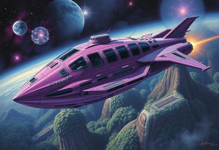 A phallic purple metallic spacecraft with lots of windows orbiting over a jungle planet, close up on the spaceship, in the style of an oil painting, scifi, cosmic, astral