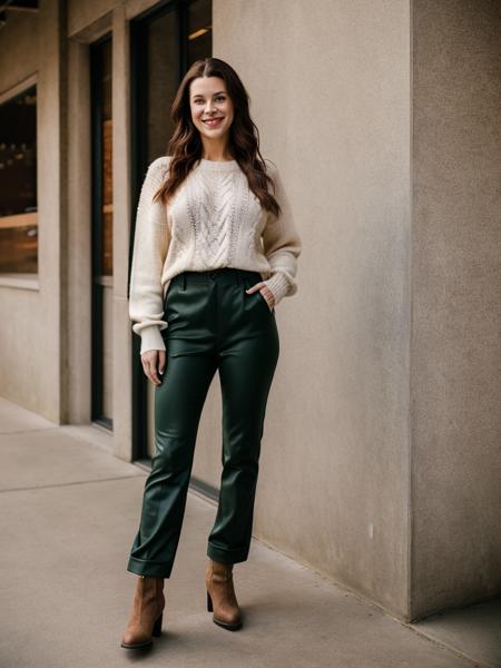 Realistic photo of a beautiful br1dg3tr woman,1girl,solo,long hair,smile,brown hair,standing,full body,boots,pants,character name,sweater,english text,realistic,fashion, soft lighting, professional Photography, Photorealistic, detailed, RAW, analog, sharp focus, 8k, HD, high quality, masterpiece<lora:br1dg3tr:1.0>