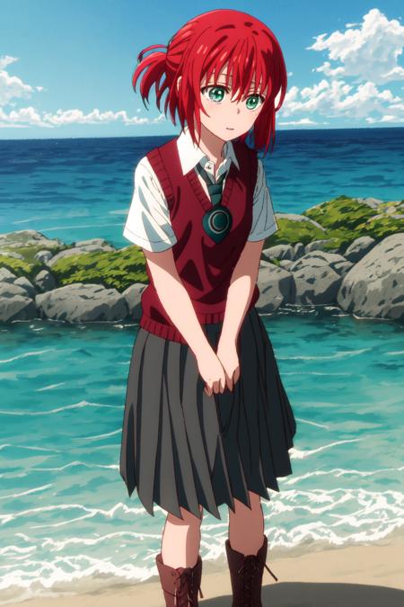 <lora:HatoriChise-000002:0.9> hatorichise, 1girl, casual_outfit, black_skirt, boots, cross-laced_footwear, full_body, green_eyes, lace-up_boots, necktie, pleated_skirt, red_hair, school_uniform, shirt, short_hair, short_sleeves, sweater_vest, , white_shirt, blue sky background, water splash, outdoors, short red hair, grey skirt, full body, standing on water, solo, ocean behind her,