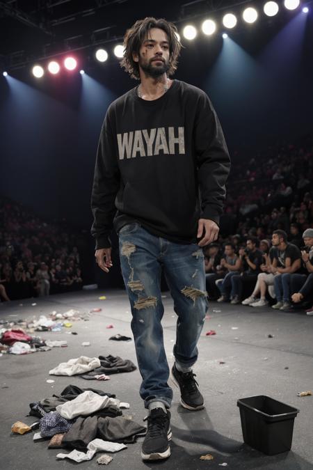 A homeless beggar walking down a catwalk in a fashion show. Raised stage. 
A hobo. Dirty clothes. Ruggy outfit. Worn. Torn.
(Trash on the ground:1.3). Audiences flashing camera lights on both sides.
Professionally lighted. Shallow depth of field.
Extremely detailed, raw photo, best quality, masterpiece, award-winning photography, huge filesize, 8k, highres.
