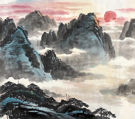 Chinese ink painting, sunrise, moutains,clouds,<lora:Chinese_INK_painting_V1:0.8>