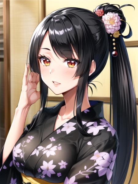 nijou,black hair,side ponytail, long hair,hoge,hair flower,black kimono,obi,floral print, 