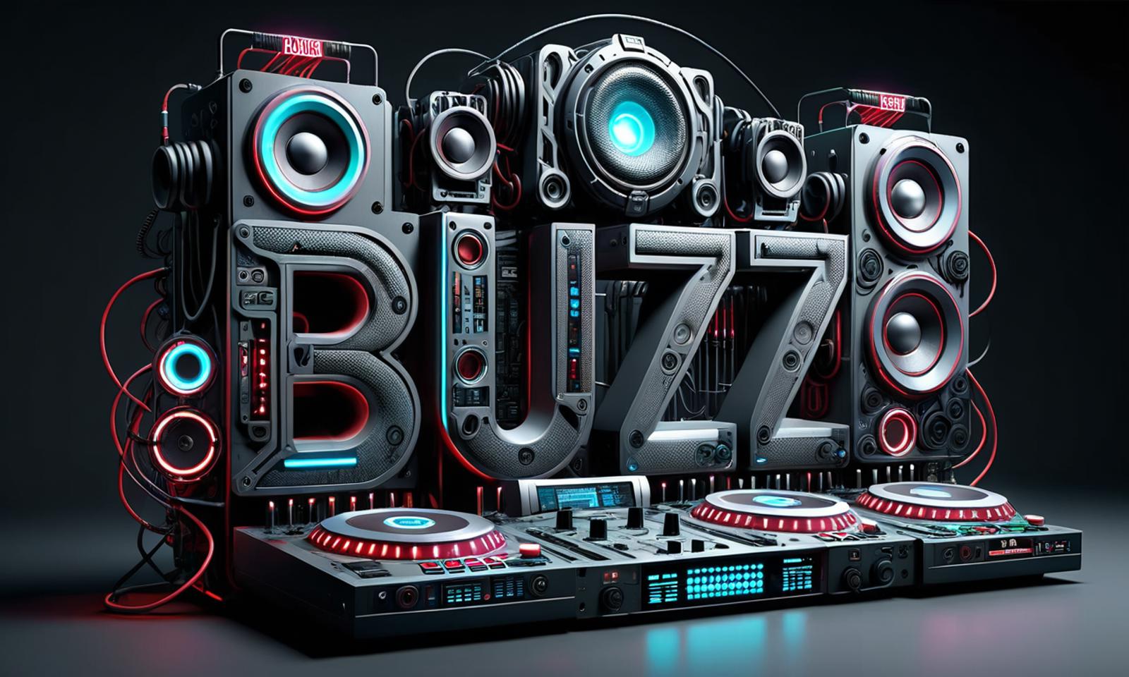 photorealistic, (BUZZ text logo:1.38), dj equipment, big speakers, boombox, neon led indicators, digital machine, led screen, house music, party, colorful