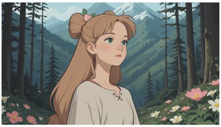 masterpiece, best quality, very aesthetic, absurdres, newest, 1girl, woman, flower-shaped hair, light brown hair, green eyes, mountain forest, white border, outlined, studio_ghibli , m1nma_sty, minimalistic