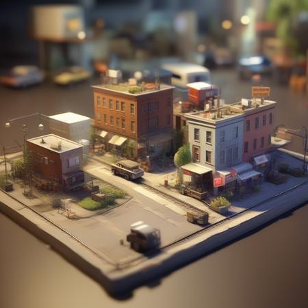 realistic, miniature, isometric, landscape, no humans, blurry, scenery, cup, stairs, plant, depth of field, artist name, ladder, table, ground vehicle, mug, motor vehicle, from above, outdoors, barrel,  chair, lamp, coffee, railroad tracks, building, tree, potted plant, <lora:isometric-v1:1>