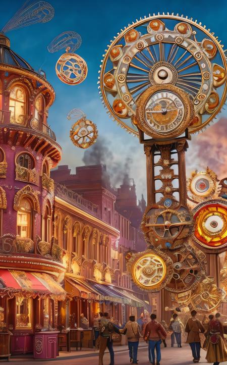 Steampunk style ((best quality)), ((masterpiece)), (detailed), 8K, dynamic scene of a sugar rush, vibrant candy explosion, colorful candies and sweets flying in the air, swirling lollipops, glistening gummy bears, sparkling sugar crystals, energetic motion, (playful atmosphere:1.4), vivid colors, (whimsical art style:1.2), wide-angle shot, bright, cheerful background . Antique, mechanical, brass and copper tones, gears, intricate, detailed