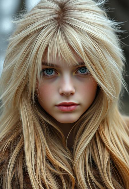 portrait of a 21 year old nordic girl with blond wig, stunning bright eyes and clear pupils
