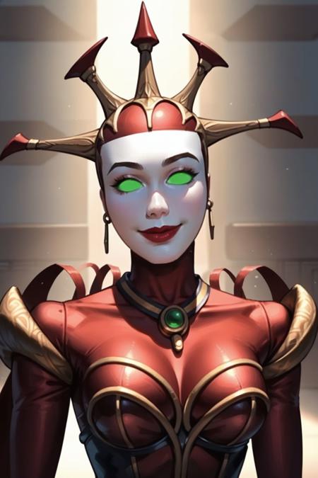 hexadecimalevilreboot 1girl mask lipstick green eyes red eyes blue eyes yellow eyes glowing eyes no pupils horns crown red latex bodysuit armor gloves ribbons cape breasts large breasts outfit1 boots science fiction