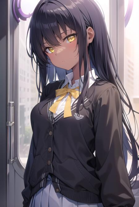 bluearchivekarin, <lyco:karin-lyco-nochekaiser:1>, 
karin, ahoge, black hair, dark skin, dark-skinned female, halo, long hair, (yellow eyes:1.5),
BREAK cardigan, neck ribbon, pleated skirt, ribbon, school uniform, skirt, blue cardigan, 
BREAK looking at viewer, 
BREAK indoors, classroom,
BREAK <lyco:GoodHands-beta2:1>, (masterpiece:1.2), best quality, high resolution, unity 8k wallpaper, (illustration:0.8), (beautiful detailed eyes:1.6), extremely detailed face, perfect lighting, extremely detailed CG, (perfect hands, perfect anatomy),