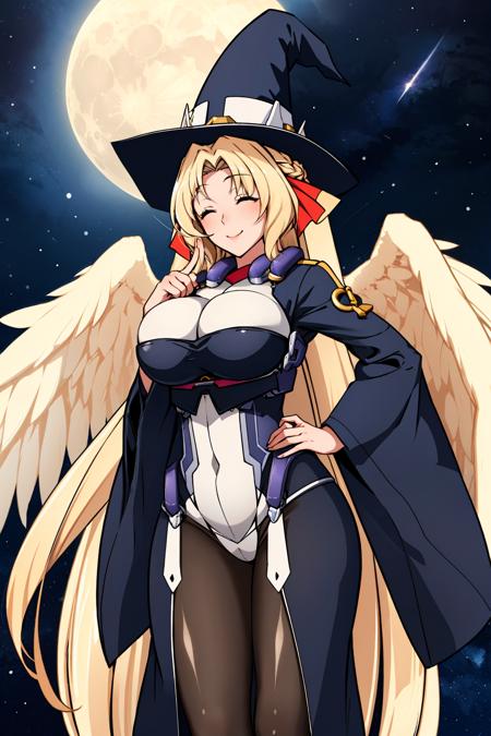 masterpiece, best quality, margot knight, blue eyes, hair ribbon, yellow wings, bodysuit, wide sleeves, pantyhose, looking at viewer, large breasts, witch hat, looking at viewer, smile, night sky, moon, whole body, closed eyes <lora:margotknight-nvwls-v1-000009:0.9>