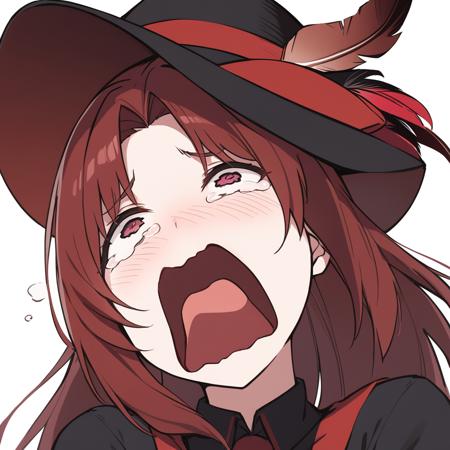 masterpiece, best quality, <lora:JXXLV1-000062:1> , 1girl, solo, red hair, hat, hat feather, open mouth,solo,tears,crying,blush,crying with eyes open,<lora:xl_crying_aqua_(meme):1>, white background,