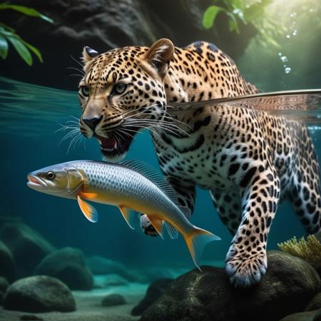 Alien leopard catching fish , uhd photo realistic