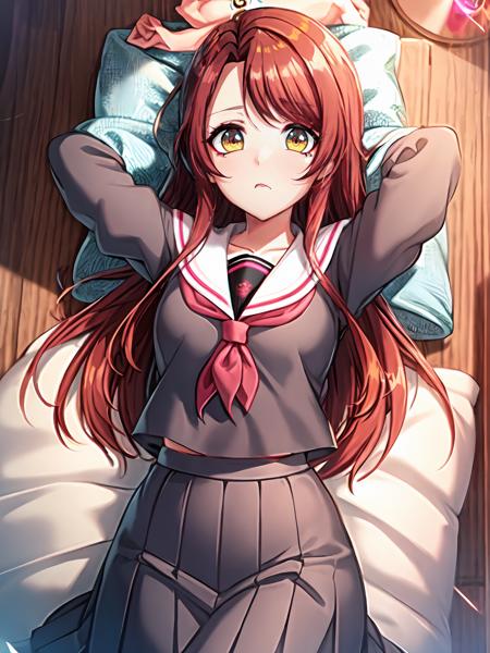 (extremely detailed CG), (best quality), 1girl, perfect face, shiny skin, lustrous skin, wide hips, narrow waist  solo 1girl,<lora:Haruna-09:0.8>haruna, long hair, bangs, red hair,  frills, yellow eyes, ribbon,blushed, embarassed , flat chest,white sailor collar, serafuku, pleated skirt, neckerchief, ribbon,long sleeves, (lying on bed:1), arms over head, from above