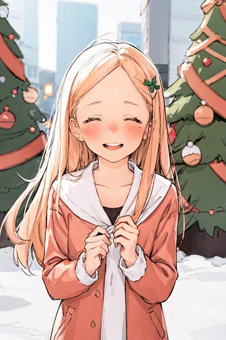 girl,blush,outdoors,opened eyes,smile,christmass tree,long hair,blond hair,luimi,<lora:luimi:0.8>