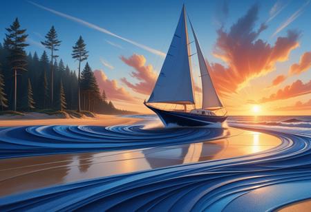 sandswirl, swirling sand, score_9, score_8_up, score_7_up , colorful , sunset, (red sky:1.1), blue swirling sand road, pine trees, local road, golden hour lighting, Photo realistic, Natural atmospheric lighting, intricate details, 35mm photograph, film, professional, 32k visuals, highly detailed, (swirling sand sail boat), (close up:2), (big sailboat:2.8), (blue:2)