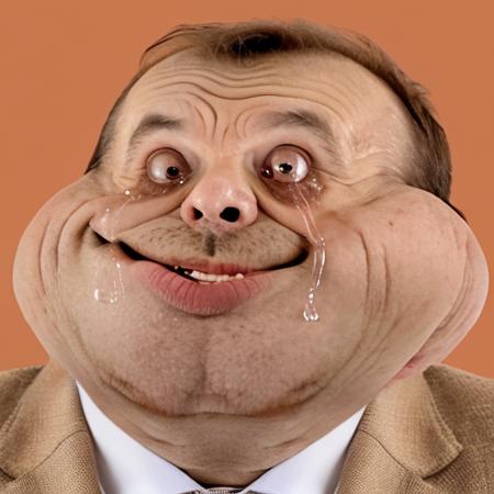 RAW photo, huge chins, small eyes , solo, upper body of a emmuanuel macron in f0r3v3r face, ((tears, wearing suit))<lora:f0r3v3r-v2-000055:0.9>, 8k uhd, dslr, high quality, film grain, Fujifilm XT3, simple background