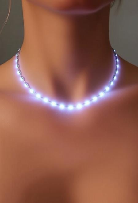 subdermal LED halo necklace, (internal LED glow:1.7), (embedded LEDs:1.8) forming a circular pattern of glowing light beneath the skin, (radiant light rings:1.6) encircling the neck, soft light radiating smoothly outward, (delicate glowing circles:1.6) creating a halo-like effect around the collarbone, natural skin tone with soft light diffusion, (high-definition:1.7), (ultra-realistic skin textures:1.8), seamless light transitions following the neck’s contour, elegant yet understated, (worn jewelry:-1.8), (visible necklace:-1.8), (unnatural glow:-1.5), glowing light rings forming a radiant, refined pattern beneath the skin, perfect for formal and casual wear