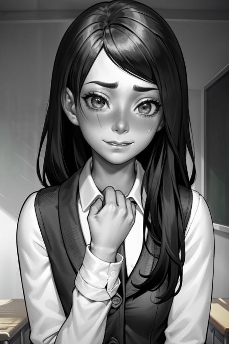 <lora:PolinaTinyBunny:0.57>, PolinaBlackWhite, a girl, (classroom, shirt, embarrassed face :1.3),(best quality:1.1), (masterpiece:1.2), high quality shadow, beautiful detailed, (high detailed skin, skin details),(wide_landscape,8k), beautiful face, detailed eyes , depth of field, dramatic light, best quality, highres, best shadow, best illumination, (black and white)