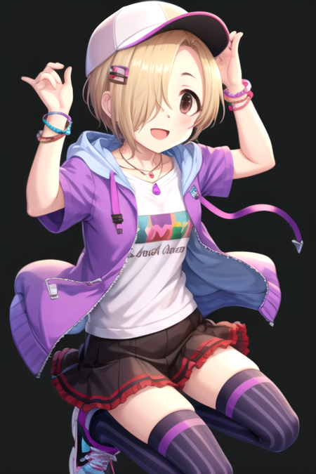 <lora:KoumeShirasaka-07:0.7>,shirasaka koume, 1girl, solo, looking at viewer, blush, smile, short hair, open mouth, skirt, blonde hair, simple background, shirt, hair ornament, thighhighs, hat, brown eyes, jewelry, jacket, white shirt, short sleeves, :d, frills, open clothes, shoes, hairclip, striped, hood, necklace, hair over one eye, bracelet, open jacket, hoodie, hood down, frilled skirt, black background, wristband, baseball cap, hooded jacket, striped thighhighs, asymmetrical legwear, purple jacket, purple thighhighs, purple footwear, badge