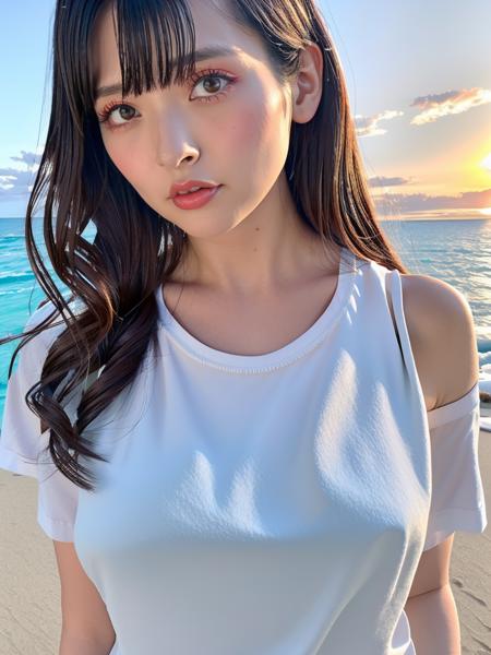 <lora:LadyUesakaSumire:0.45>
woman,solo,makeup,parted lips,

looking at viewer,beach,ocean,sunrise,shirt,dress,unparalleled masterpiece, ultra realistic 8k CG, clean, beautiful face,