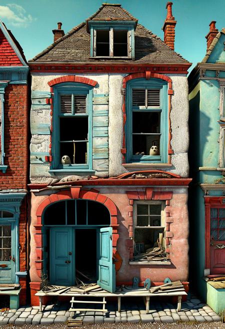 (( lovingly imperfect inhabitants ))final 3d render ,very imperfect house,crooked and broken shutters,
,charm and uniqueness, by Shaun Tan +tim burton,  imaginative, evocative, surreal + dreamlike quality, combine elements of fantasy+ science fiction6+ the mundane, creating intricate +thought-provoking visual narratives, use of color+ texture+composition adds depth + emotion