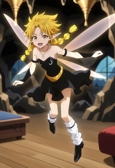 RamirisTS long hair, twin braids, blonde hair, closed eyes, pointy ears, facial mark, fairy wings, mole on arm strapless dress, black dress, armlet, necklace, gold belt, bridal gauntlets, black gloves, loose socks, white socks, black footwear flying aura, yellow aura