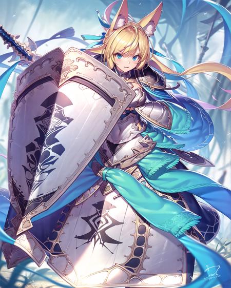 masterpiece,best quality,highres,<lyco:Mistolina:0.8>,1girl, blonde_hair, long_hair, animal_ears,holding_shield,holding_sword,solo, masterpiece,best quality,depth of field