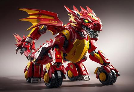 The image showcases a detailed, full-body view of a menacing red and yellow Stronghold the Moving Fortress robot, designed in the shape of a dragon with a super detailed face, eyes, clothes, and intricate armor. It has two arms, two legs, and is standing on wheels, ready for dynamic action. The composition is stunning, with captivating lighting, sharp lines, and vibrant colors, conveying a powerful message in a contemporary aesthetic. The relative position of the creates a sense of depth and movement, making it perfect for trending on Artstation and CGSociety. The level of detail, from the gleaming armor to the textured scales, is exceptional, making it ideal for 4K wallpaper or high-quality renders such as Octane or Unreal Engine 5. The image's mood is epic and cinematic, reminiscent of concept art from Riot Games or Blizzard, making it an excellent inspiration for artists, animators, and game developers.