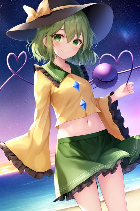 masterpiece, best quality, highres, solo, {night:1.10}, {starry sky:1.10}, beach, beautiful detailed sky, {extremely detailed background:1.20}, {komeiji_koishi_touhou:1.10}, {standing:1.10}, looking at viewer, {bikini:1.30}, third_eye, hat, green_eyes, black_headwear, heart, short_hair, ribbon, green_hair, bow, smile, hat_ribbon, heart_of_string, bangs, hat_bow, hair_between_eyes, light smile