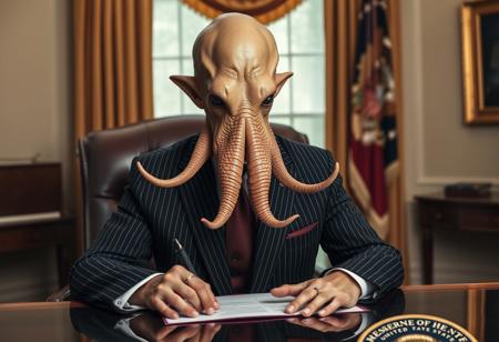 president cthulu in a sharp pin striped suit posing for presidential portrait in the oval office, real photograph, signing bill, empty eyes, lovecraftian, vote for cthulu photorealistic, correct hands, correct fingers, seal of the president of the united states, ad to vote, republican