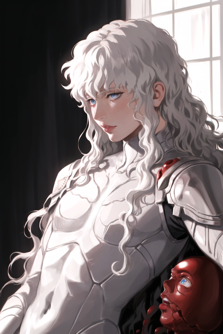 thisuserisalive,  masterpiece, best quality, griffith \(berserk\), 1boy, behelit, blue eyes, bodysuit, closed mouth, lips, long hair, looking away, male focus, solo, wavy hair, white hair <lora:thisuserisalive_offset:1>