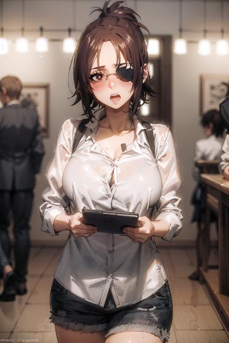 cowboy shot of beautiful HangeAOT, 1girl, open_mouth, shirt, glasses, parody, eyepatch, blush, volumetric lighting, best quality, masterpiece, intricate details, tonemapping, sharp focus, hyper detailed, trending on Artstation, <lora:HangeAOT:1>