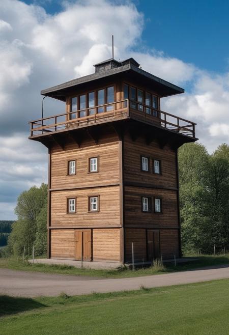 watchtower which is an aerial surveillance structure built between 1940 and 1942. the wooden building has an asphalt shingle cladding comprising a four-story square tower topped with a terrace and metal guardrail. Add three rectangular annexes to the building. german war plane Arado Ar-196 Verlinden Cululus river and clouds background