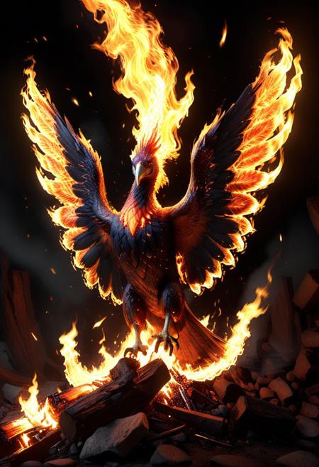 score_9, score_8_up, score_7_up, score_6_up, score_5_up, score_4_up, (absurdres, best quality, masterpiece:1.4), illustration, photorealistic, cinematic lighting, dynamic angle, perfect composition, fire, phoenix, rebirth, fire wings, glowing embers, rising from ashes, mythical creature, vibrant flames, intense light, radiant