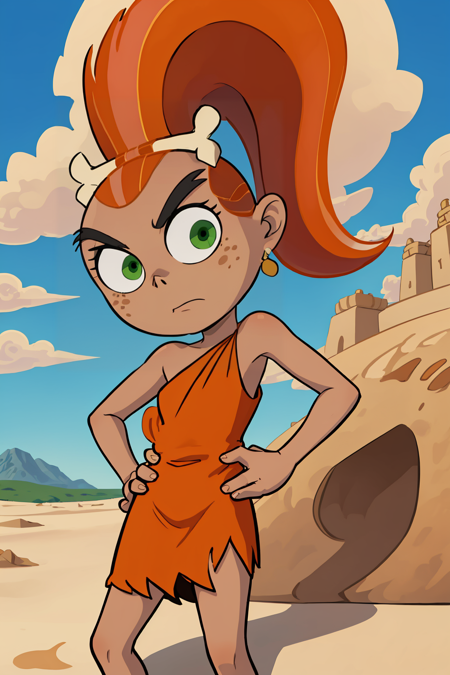 masterpiece, best quality,
1girl, davefang, orange hair, ponytail, green eyes, dress, dark skin, cartoon, parody, 
closed mouth, hands on hips, solo, looking at viewer, dune, sand, blue sky, desert background  <lora:Fang:1>