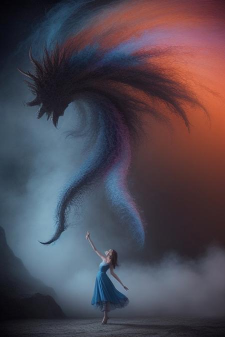 surreal, waltz of fractal smoke over the abyss, fantasy smoke, dresses and stars, dynamics, movement, wind, colorful, intricate details, perspective, hyper-detailed, hyper-realism, professional photoshoot