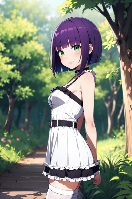 (masterpiece), best quality, expressive eyes, perfect face, solo, petite, sketch, 
short hair, blunt bangs, purple hair, green eyes, medium breasts, white dress, bursting breasts, seductive smile, choker, frills, belt, thighhighs, arms behind back, 
forest, portrait, from side,