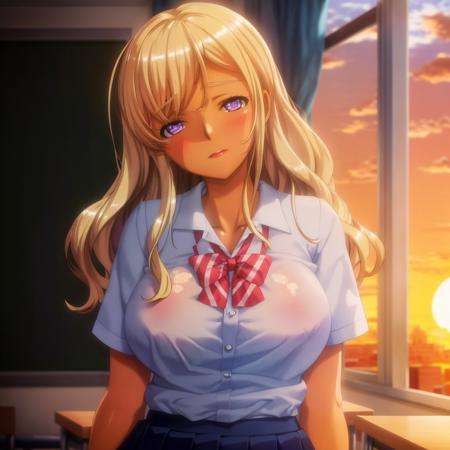 shiina_chieri, masterpiece, best quality, purple eyes, blonde hair, large breasts, <lora:shiina_chieri_v1:0.8> school uniform, clasroom, sunset, masterpiece, best quality