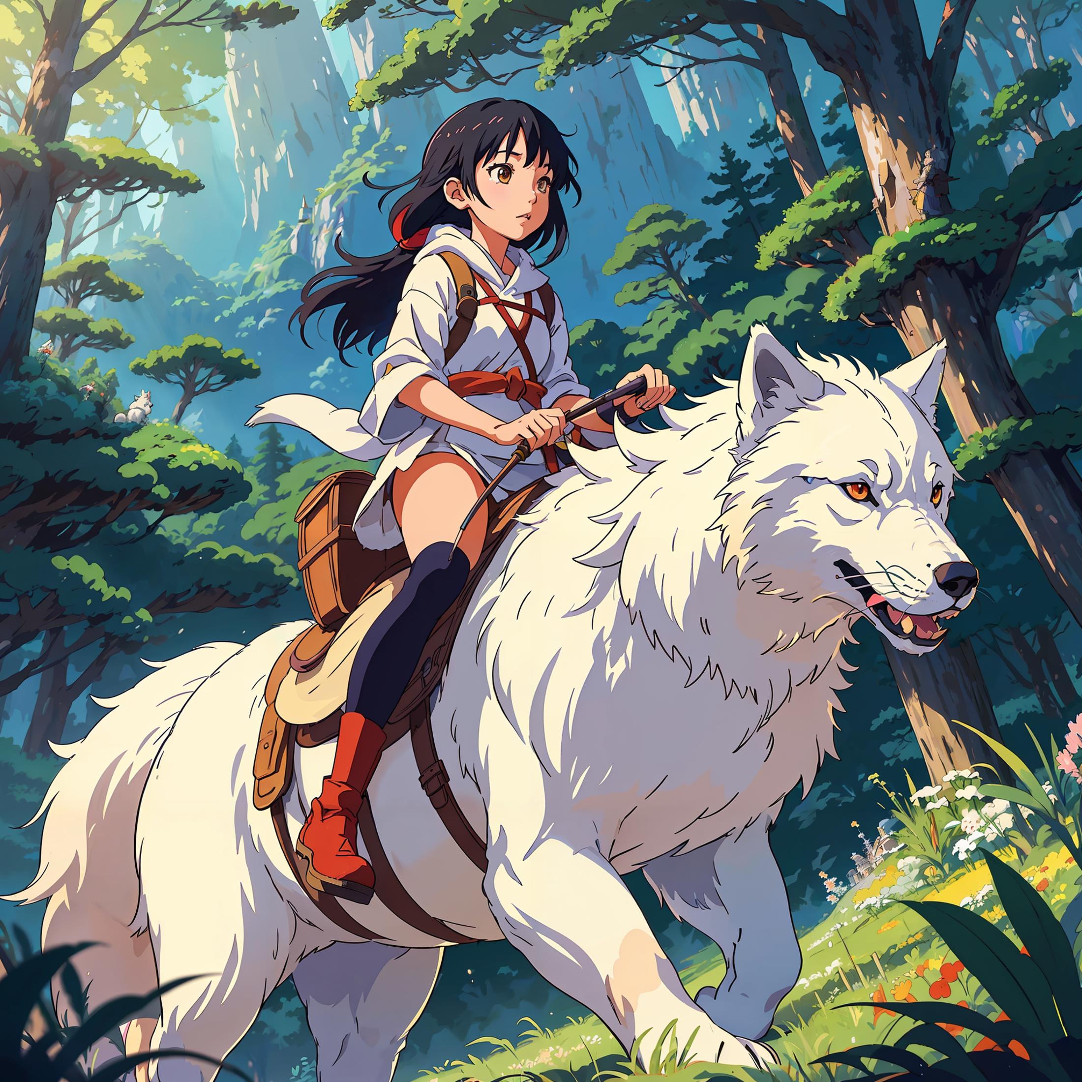 Girl Riding on the Back of a White Wolf in a Forest