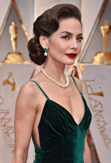 score_9, score_8, score_7_up, Celeste Theta now appears in a luxurious, floor-length velvet dress in a deep shade of emerald green. The dress has a plunging neckline and thin straps, highlighting her shoulders and collarbone. Her hair is styled into soft, loose waves that cascade down her back, though this time a few strands are pinned back by a pearl-encrusted clip. Around her neck, she wears a strand of pearls that complement the elegance of her look. Her makeup is more refined—a classic cat-eye liner and a bold red lip. The velvet dress accentuates her every move, flowing as though it has a life of its own. On her wrist, she wears a single silver bangle, and her shoes are elegant, strappy heels. She exudes both grace and temptation, an ideal mix of sophistication and allure.